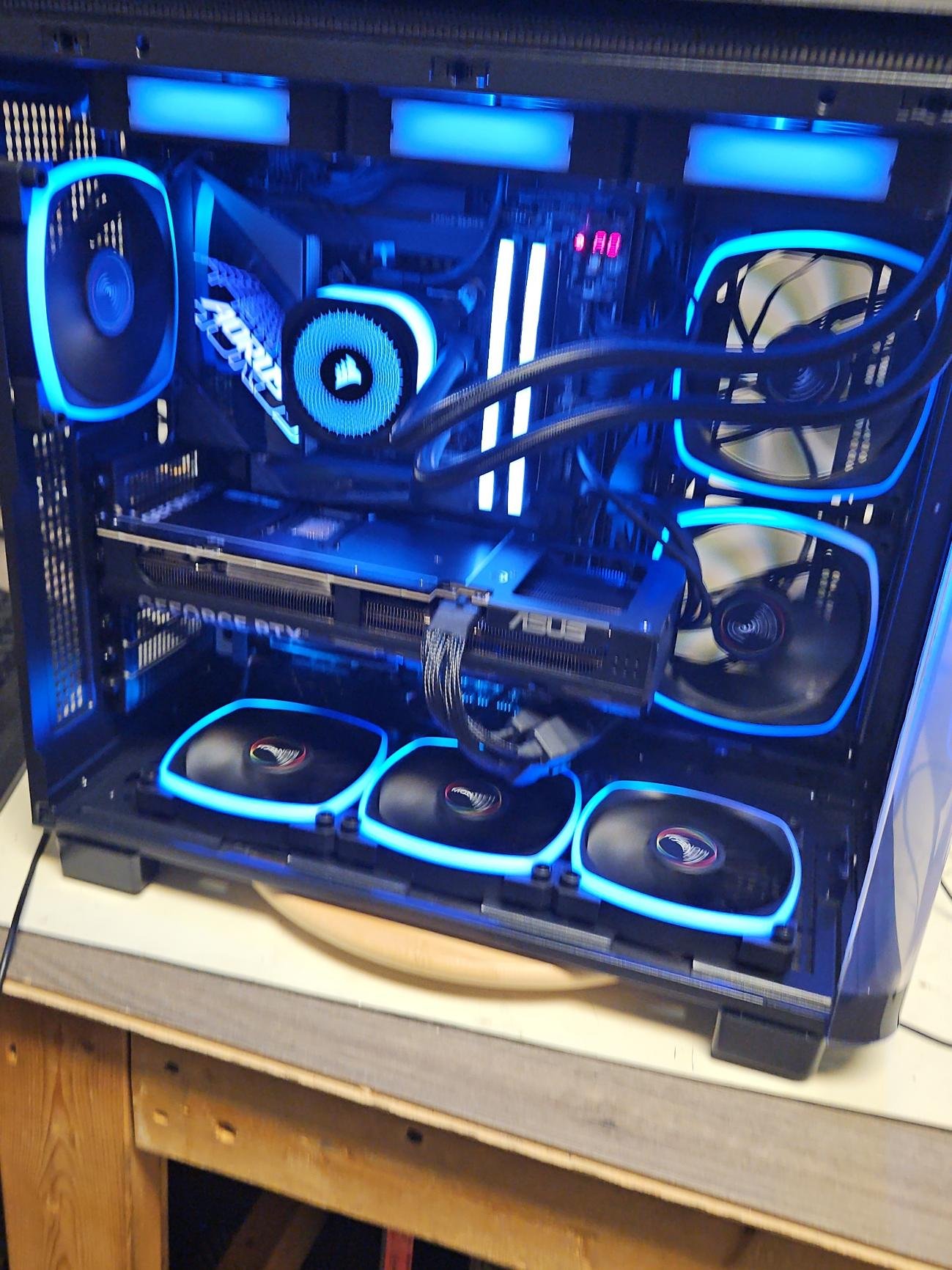 Custom PC build with blue lighting